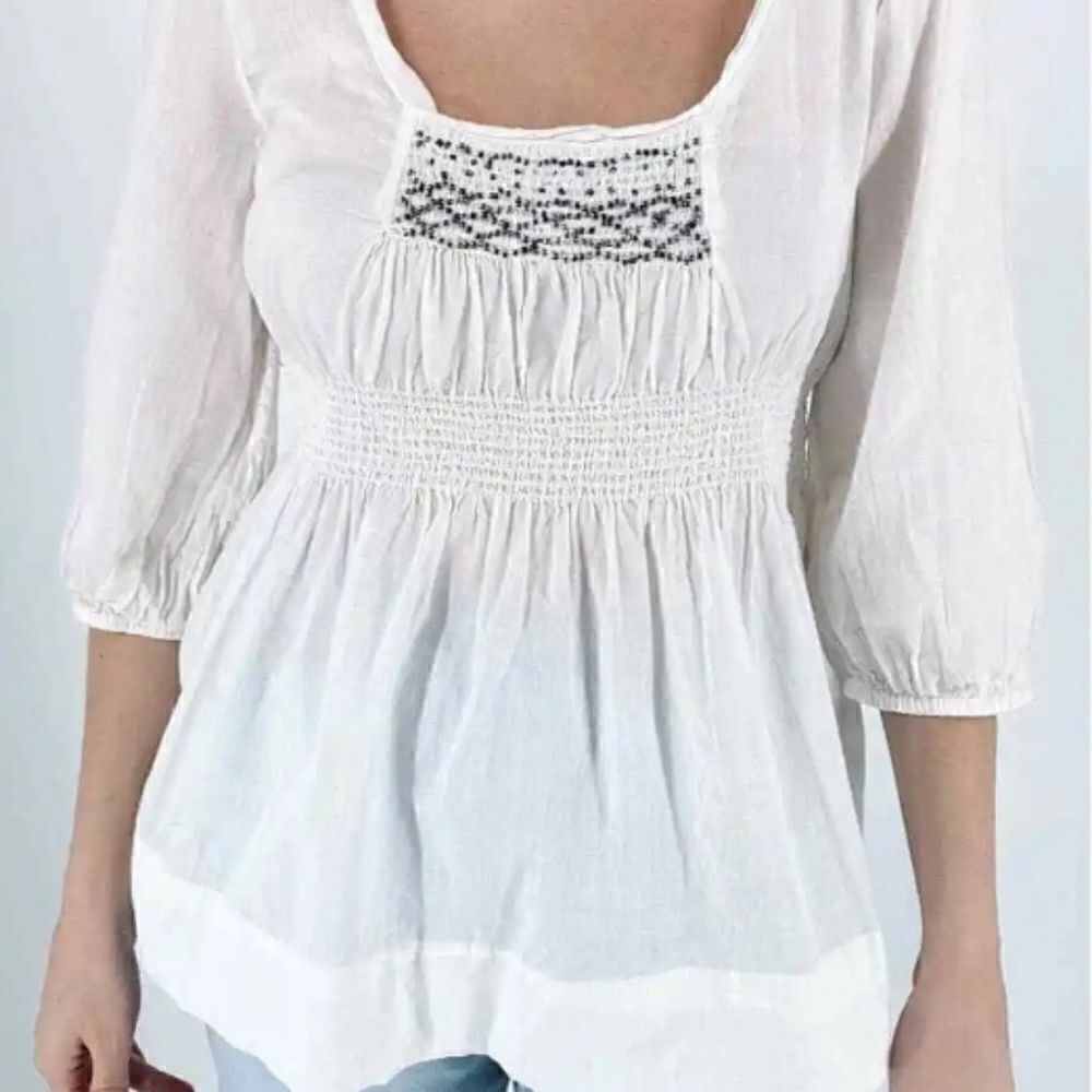 CalvinKleinJeansS/PFitandFlareBabydoll 100%CottonWhite3/4SleeveBeaded Women'sTop